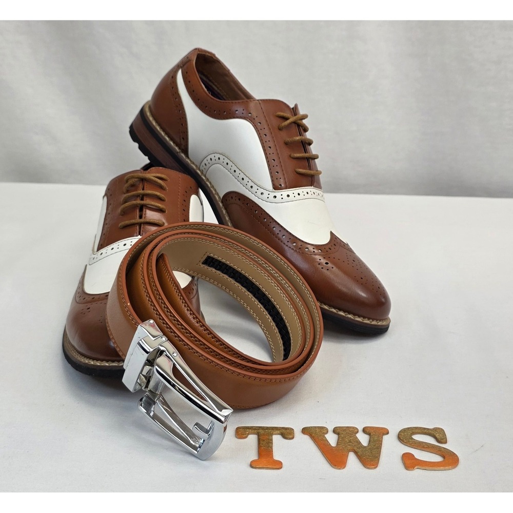 Metro Charm Mens Brown White Spectator Wingtip Oxford Shoes and Belt Set 9.5